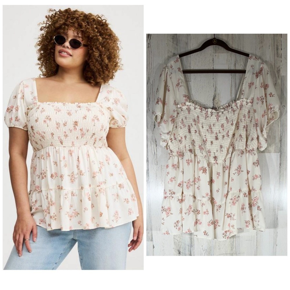 Torrid Peplum Top Size 4 Cream Pink Floral Smocked Puff Sleeve Babydoll READ